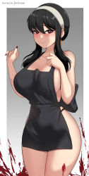 Rule 34 | 1girl, absurdres, apron, black hair, blood, blood on leg, blush, breasts, cleavage, closed mouth, hair between eyes, hairband, hands up, highres, hioyami, large breasts, nail polish, naked apron, red eyes, red nails, solo, spy x family, thighs, wavy mouth, wide hips, yor briar