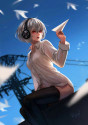 Rule 34 | 1girl, black thighhighs, bottomless, breasts, bryanth, headphones, highres, original, paper airplane, red eyes, shirt, short hair, silver hair, sitting, solo, thighhighs, thighs, white shirt