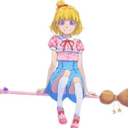 Rule 34 | 1girl, akinbo (hyouka fuyou), asahina mirai, blonde hair, blue shorts, bow, broom, broom riding, hair bow, high-waist shorts, looking at viewer, mahou girls precure!, neck ribbon, one side up, pink footwear, pink shirt, precure, purple eyes, red bow, red ribbon, ribbon, shirt, short hair, short sleeves, shorts, simple background, smile, solo, white background