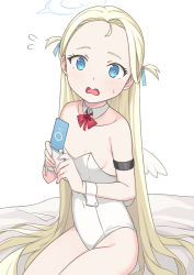 Rule 34 | 1girl, armlet, bare shoulders, blonde hair, blue archive, blue eyes, blush, bow, bowtie, breasts, bright pupils, cellphone, collarbone, commentary, covered navel, cowboy shot, detached collar, flying sweatdrops, forehead, halo, highres, holding, holding phone, leotard, long hair, looking at viewer, open mouth, parted bangs, phone, saiste, simple background, sitting, small breasts, solo, sora (blue archive), two side up, very long hair, wavy mouth, white background, white leotard, white pupils, wings, wrist cuffs