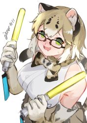 Rule 34 | 1girl, animal ears, blonde hair, blush, bow, bowtie, brown hair, cat ears, cat girl, cat tail, commentary, extra ears, fang, frilled skirt, frills, glasses, glowstick, green eyes, high-waist skirt, highres, jknor, kemono friends, margay (kemono friends), margay print, multicolored hair, open mouth, print bow, print bowtie, print skirt, shirt, short hair, skirt, sleeveless, solo, sweatdrop, tail, white shirt