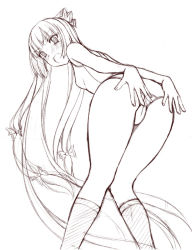 Rule 34 | 1girl, ass, bent over, blush, bow, covering privates, covering ass, fang, female focus, fujiwara no mokou, hair bow, hime cut, kneehighs, long hair, looking back, monochrome, one-piece swimsuit, school swimsuit, sin-go, sketch, socks, solo, swimsuit, tears, touhou, very long hair