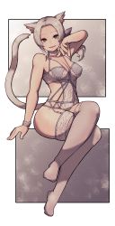 Rule 34 | 1girl, :d, animal ears, arm at side, bare arms, bare shoulders, bow, bow panties, bra, breasts, brown eyes, cat ears, cat girl, cat tail, choker, cleavage, collarbone, crossed legs, fingernails, full body, grey bow, grey bra, grey hair, grey panties, grey thighhighs, hair ornament, hand on own cheek, hand on own face, hand up, highres, lace, lace legwear, lamb-oic029, long hair, looking at viewer, medium breasts, open mouth, original, panties, parted bangs, ponytail, purple ribbon, ribbon, sitting, smile, solo, tail, teeth, thighhighs, underwear, underwear only, upper teeth only, white neckwear, wristband