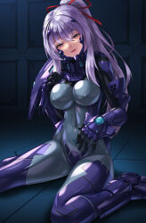 Rule 34 | 1girl, armored bodysuit, blue bodysuit, blue eyes, bodysuit, breasts, commentary request, covered erect nipples, dianochika jerutowa, fortified suit, hair ribbon, half-closed eyes, hand on own chest, highres, impossible bodysuit, impossible clothes, kurione (zassou), large breasts, long hair, muv-luv, muv-luv alternative, naughty face, on ground, original, parted lips, ponytail, purple hair, ribbon, shiny clothes, sitting, solo, wariza