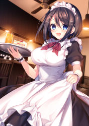 Rule 34 | 1girl, :d, akaneiro no kyoukaisen, apron, apron lift, black dress, black hair, blue eyes, blush, breasts, cafe, cake, cake slice, ceiling fan, chair, clothes lift, commentary request, commission, cowboy shot, cup, dress, drink, drinking glass, food, frilled apron, frilled dress, frills, hair between eyes, hair ornament, hairclip, himeji shion, holding, holding tray, indoors, lamp, large breasts, looking at viewer, maid, maid apron, maid headdress, neck ribbon, open mouth, puffy short sleeves, puffy sleeves, red ribbon, ribbon, short hair, short sleeves, sidelocks, skeb commission, smile, solo, sorai shin&#039;ya, standing, strawberry shortcake, table, tray, wrist cuffs