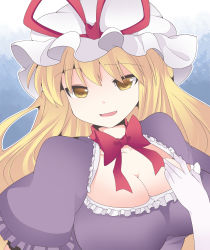Rule 34 | 1girl, bad id, bad pixiv id, blonde hair, bow, breasts, cleavage, dress, female focus, gloves, hammer (sunset beach), hat, large breasts, long hair, open mouth, purple dress, smile, solo, touhou, upper body, yakumo yukari, yellow eyes