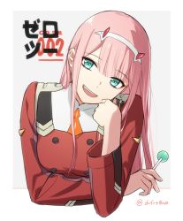 Rule 34 | 10s, 1girl, aqua eyes, candy, character name, darling in the franxx, food, hairband, horns, long hair, long sleeves, open mouth, pink hair, smile, solo, teeth, toma (norishio), twitter username, uniform, upper body, white hairband, zero two (darling in the franxx)