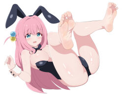 Rule 34 | 1girl, areola slip, barefoot, blue eyes, blush, bocchi the rock!, breasts, cube hair ornament, feet, gotoh hitori, hair between eyes, hair ornament, large breasts, legs, leotard, long hair, looking at viewer, open mouth, pink hair, playboy bunny, simple background, soles, toes, very long hair, white background, zorzero