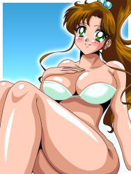 Rule 34 | 1girl, bikini, bishoujo senshi sailor moon, blue background, blush, breasts, brown hair, cleavage, collarbone, earrings, green bikini, green eyes, hair bobbles, hair ornament, highres, inabakun00, jewelry, kino makoto, large breasts, long hair, looking at viewer, ponytail, sitting, smile, swimsuit, thick thighs, thighs