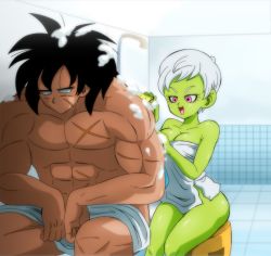 Rule 34 | 1girl, bath, bathing, bathroom, black hair, breasts, broly (dragon ball super), cheelai, cleavage, colored skin, dragon ball, dragon ball super, dragon ball super broly, green skin, happy, highres, indoors, large breasts, legs, looking at another, naked towel, no pupils, nude, open mouth, pink eyes, scar, short hair, sitting, smile, soap bubbles, sponge, steam, stool, thighs, towel, white hair, yamamoto doujin