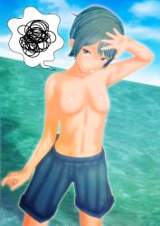 Rule 34 | 1girl, 3d, absurdres, aqua eyes, aqua hair, arm up, artist request, blue male swimwear, blue sky, blue swim trunks, breasts, character request, closed mouth, cloud, cloudy sky, copyright request, cowboy shot, day, exhibitionism, female focus, highres, looking at viewer, male swimwear, male swimwear challenge, medium breasts, nipples, outdoors, public indecency, sky, solo, source request, standing, swim trunks, swimsuit, topless, water