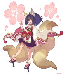 Rule 34 | 1girl, :d, animal ear fluff, animal ears, arm at side, bell, fang, fox ears, fox shadow puppet, fox tail, full body, geta, hand up, highres, inu no sakuya, japanese clothes, jingle bell, kitsune, kotatsu (g-rough), long sleeves, looking at viewer, multiple tails, open mouth, ponytail, puffy shorts, purple hair, short eyebrows, shorts, signature, smile, solo, tail, tassel, tengu-geta, thick eyebrows, wide sleeves, yellow eyes
