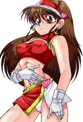 Rule 34 | 1girl, aliasing, artist request, breasts, brown eyes, brown hair, cowboy shot, earrings, future gpx cyber formula, gloves, jewelry, large breasts, long hair, medium breasts, midriff, miniskirt, nipples, panties, pantyshot, race queen, red shirt, shirt, side slit, skirt, sleeveless, sleeveless shirt, solo, standing, sugou asuka, taut clothes, taut shirt, underwear, visor cap, white gloves, white panties