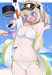 Rule 34 | 1girl, 1other, :d, aa-12 (girls&#039; frontline), aa-12 (the sun never rises) (girls&#039; frontline), beach, bikini, black eyeshadow, blonde hair, blue eyes, blue nails, bracelet, breasts, cleavage, clenched hands, commentary request, covered erect nipples, day, diving mask, diving mask on head, drum magazine, embarrassed, eyeshadow, facing viewer, food on body, food on breasts, girls&#039; frontline, goggles, goggles on head, groin, gun, hands up, high-capacity magazine, highres, holding, holding gun, holding weapon, jewelry, long hair, looking down, magazine (weapon), makeup, medium breasts, messy hair, multicolored hair, nail polish, navel, ocean, ohichi16, open mouth, outdoors, pearl bracelet, red hair, shotgun, side-tie bikini bottom, smile, solo focus, stomach, streaked hair, surprised, swimsuit, thighs, towel on arm, two-tone hair, weapon, white bikini, wide-eyed