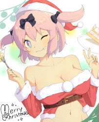 Rule 34 | + +, 1girl, :t,  +, absurdres, animal ears, armpit crease, belt, blue eyes, blush, bow, breasts, brown belt, cake, cake slice, check commentary, chest belt, chewing, chibi, chibi inset, christmas, christmas ornaments, cleavage, closed mouth, collarbone, commentary, commentary request, eating, emma (3one3o), flower-shaped pupils, food, food on face, fork, fur-trimmed sleeves, fur trim, green nails, groin, hair bow, hat, hibari (senran kagura), highres, holding, holding food, holding fork, icing, large breasts, linea alba, looking at viewer, merry christmas, navel, one eye closed, pink hair, pink pupils, plate, rabbit, rabbit ears, santa costume, santa hat, senran kagura, senran kagura shoujo-tachi no shin&#039;ei, short hair, short twintails, smile, solo, symbol-shaped pupils, twintails, underbust, v, whipped cream