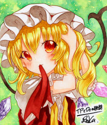 Rule 34 | 1girl, :3, adjusting hair, ascot, bad id, bad pixiv id, blonde hair, blush, flandre scarlet, gradient background, green background, hands in hair, hat, looking at viewer, mob cap, mouth hold, open clothes, open vest, painting (medium), puffy short sleeves, puffy sleeves, qqqrinkappp, red eyes, ribbon, ribbon in mouth, short hair, short sleeves, signature, solo, touhou, traditional media, tying hair, undone, undone ascot, upper body, vest, watercolor (medium), wings