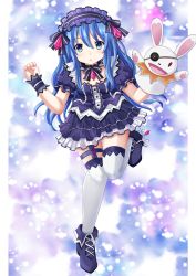 Rule 34 | 1girl, ankle boots, black skirt, blue eyes, blue hair, boots, company connection, cosplay, creator connection, date a live, eyepatch, fairy fencer f, full body, hairband, hand puppet, highres, kazenokaze, leg up, lolita fashion, lolita hairband, looking at viewer, pleated skirt, puppet, shoelaces, skirt, standing, standing on one leg, thighhighs, tiara (fairy fencer f), tiara (fairy fencer f) (cosplay), white thighhighs, yoshino (date a live), yoshinon, zettai ryouiki