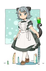 Rule 34 | 1girl, akai sashimi, apron, black dress, black ribbon, border, brown footwear, bubble, cherry, closed mouth, collared dress, cup, dress, drink, drinking glass, drinking straw, expressionless, eyebrows, food, frilled apron, frills, fruit, full body, grey eyes, grey hair, hair ornament, hair ribbon, highres, ice cream, ice cream float, loafers, looking at viewer, maid, maid apron, melon soda, original, outside border, pocket, puddle, puffy short sleeves, puffy sleeves, ribbon, shoes, short hair, short sleeves, skirt hold, sleeve cuffs, solo, swept bangs, tareme, tassel, tentacles, walking, white apron, white legwear, white ribbon