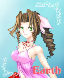 Rule 34 | 1990s (style), 1girl, aerith gainsborough, bad id, bad pixiv id, bare shoulders, bow, brown hair, character name, chemise, cropped jacket, drill hair, final fantasy, final fantasy vii, green eyes, maboroshi, pink bow, pinkrojar, ponytail, solo, strap slip
