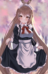 Rule 34 | 1girl, ahoge, alternate costume, apron, autumn, blurry, blurry background, brown eyes, brown hair, clothes lift, feather hair ornament, feathers, hair ornament, hairclip, highres, hololive, hololive english, kawaiipony2, long hair, looking at viewer, maid, maid apron, maid headdress, multicolored hair, nanashi mumei, ponytail, red ribbon, ribbon, skirt, skirt lift, smile, streaked hair, very long hair, virtual youtuber