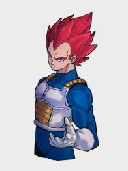 Rule 34 | 1boy, closed mouth, dragon ball, dragon ball super, gloves, kemachiku, looking at viewer, male focus, red eyes, red hair, simple background, solo, spiked hair, super saiyan, super saiyan god, vegeta, white gloves