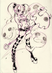 Rule 34 | 1girl, blush, boots, breasts, ghost, heart, microskirt, monochrome, one piece, perona, rafchu, skirt, solo, staff