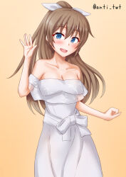 Rule 34 | 1girl, anti (untea9), aqua eyes, bare shoulders, breasts, brown hair, cleavage, collarbone, dress, gradient background, hair ornament, high ponytail, highres, kantai collection, kumano (kancolle), long hair, medium breasts, open mouth, ponytail, smile, solo, white dress, yellow background