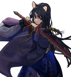 Rule 34 | 1girl, animal ear fluff, animal ears, arknights, arm guards, black hair, black kimono, brown eyes, closed mouth, commentary, dog ears, facial mark, forehead mark, highres, holding, holding sword, holding weapon, japanese clothes, kimono, long hair, long sleeves, looking at viewer, macreeeeee, saga (arknights), simple background, solo, sword, two-handed, very long hair, weapon, white background, wide sleeves