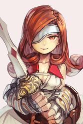 Rule 34 | 1girl, beatrix, belt, breasts, brown eyes, brown hair, closed mouth, curly hair, final fantasy, final fantasy ix, fingerless gloves, gloves, grey background, holding, holding sword, holding weapon, hungry clicker, looking at viewer, medium breasts, one eye covered, simple background, slit pupils, smile, solo, square enix, sword, two-handed, upper body, vambraces, weapon, wing collar