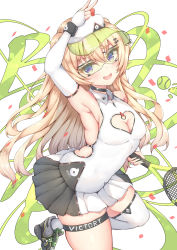 Rule 34 | 1girl, arm up, armpits, azur lane, bache (azur lane), bache (showy sports star) (azur lane), ball, bare shoulders, blonde hair, blush, breasts, cleavage, cleavage cutout, clothing cutout, detached sleeves, green-tinted eyewear, green-tinted glasses, hair between eyes, hair ornament, highres, long hair, looking at viewer, medium breasts, open mouth, purple eyes, racket, ryakusun, single thighhigh, smile, solo, sportswear, sunglasses, tennis ball, tennis racket, tennis uniform, thigh strap, thighhighs, tinted eyewear, twintails, two side up, very long hair, visor cap, white thighhighs