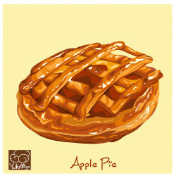 Rule 34 | apple pie, artist logo, artist name, food, food focus, food name, no humans, original, pastry, pie, yellow background, yuki00yo