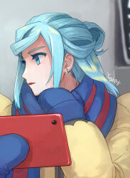 Rule 34 | 1boy, aqua eyes, aqua hair, blue mittens, blue scarf, blurry, blurry background, commentary request, creatures (company), earrings, eyelashes, game freak, grusha (pokemon), highres, holding, holding tablet pc, jacket, jewelry, long sleeves, looking to the side, male focus, mittens, nintendo, open mouth, pokemon, pokemon sv, scarf, signature, solo, striped clothes, striped scarf, tablet pc, upper body, yellow jacket, yuu (hguy sv)