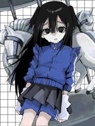 Rule 34 | 1girl, @ @, arm warmers, arms at sides, black eyes, black hair, blue jacket, blue shorts, carousel, commentary request, cowboy shot, frilled jacket, frills, grey skirt, grid background, hair between eyes, high collar, highres, horse, jacket, long hair, looking at viewer, miniskirt, original, parted lips, pleated skirt, shorts, shorts under skirt, skirt, sleeves past elbows, sleeves pushed up, solo, standing, sweat, two side up, urokogaran, white background, zipper, zipper pull tab