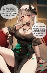 Rule 34 | 1girl, arknights, arm strap, bare shoulders, black dress, black gloves, blush, breasts, choker, cleavage, collarbone, couch, dress, earrings, english text, foxyreine, gloves, highres, horns, jewelry, large breasts, leg up, long hair, looking at viewer, mudrock (arknights), mudrock (obsidian) (arknights), necklace, on couch, partially fingerless gloves, pointy ears, red eyes, sitting, solo, speech bubble, thighs, white hair