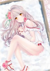 Rule 34 | 10s, 1girl, alternate costume, blush, bow, bow panties, bra strap, breasts, bridal gauntlets, cloud, eyebrows, flower, framed, frills, gloves, hair flower, hair ornament, highres, jewelry, keomi syeon, lace, lace-trimmed gloves, lace-trimmed panties, lace trim, leaf, long hair, looking to the side, love live!, love live! school idol project, lying, matching hair/eyes, minami kotori, no shoes, off shoulder, on side, one side up, orange eyes, orange hair, own hands together, panties, picture frame, pink flower, plant, red bow, red flower, red ribbon, ribbon, ribbon-trimmed clothes, ribbon trim, ring, small breasts, solo, star (symbol), underwear, vines, wrist ribbon