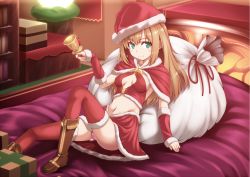 Rule 34 | 1girl, aqua eyes, bad id, bad pixiv id, bed, bell, blush, boots, box, breasts, brown hair, christmas, cleavage, cleavage cutout, clothing cutout, hat, light smile, long hair, midriff, navel, on bed, original, panties, pantyshot, red thighhighs, ribucci, sack, santa costume, santa hat, sitting, small breasts, solo, thighhighs, underwear
