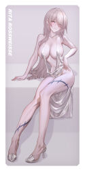 Rule 34 | 1girl, absurdres, alternate costume, bare shoulders, blush, breasts, center opening, character name, chinese commentary, cleavage, closed mouth, collarbone, commentary request, cosplay, dress, english text, eyes visible through hair, full body, hair over one eye, hand on own hip, high heels, highres, honkai (series), honkai impact 3rd, large breasts, legs, long hair, looking at viewer, mole, mole under eye, navel, no panties, plunging neckline, purple eyes, revealing clothes, rita rossweisse, rita rossweisse (fallen rosemary), ruo zhishi chu jian, simple background, sitting, sleeveless, sleeveless dress, smile, solo, tattoo, thighs, white background, white dress, white footwear
