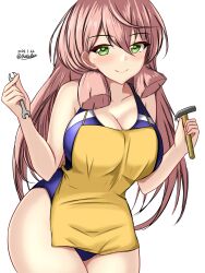 Rule 34 | 1girl, akashi (kancolle), apron, blue one-piece swimsuit, blush, breasts, competition swimsuit, covered navel, cowboy shot, green eyes, hair between eyes, hair ribbon, hammer, highleg, highleg swimsuit, highres, holding, holding hammer, holding wrench, kantai collection, large breasts, long hair, looking at viewer, montemasa, multicolored clothes, multicolored swimsuit, one-piece swimsuit, pink hair, ribbon, simple background, smile, solo, swimsuit, tress ribbon, twitter username, two-tone swimsuit, white background, wrench