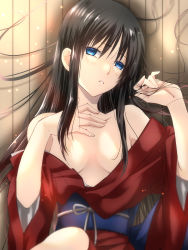 Rule 34 | 1girl, bare shoulders, black hair, blue eyes, blush, breasts, breasts apart, hand on own chest, highres, japanese clothes, kimono, light blush, long hair, lying, obi, on back, parted lips, red kimono, sash, sidelocks, small breasts, solo, tohno akiha, tsukihime, vent vert (kuuya), wide sleeves, wooden floor