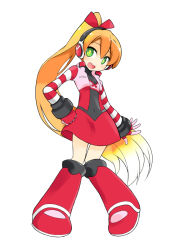 Rule 34 | 1girl, blonde hair, boots, call (mighty no. 9), call f, comcept, fingerless gloves, flat chest, gloves, green eyes, hair ribbon, hand on own hip, headphones, io naomichi, knee boots, long hair, mighty no. 9, open mouth, pigeon-toed, ponytail, ribbon, smile, solo, striped, striped sleeves, very long hair