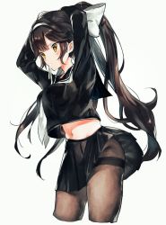 Rule 34 | 1girl, adjusting hair, arms up, azur lane, black pantyhose, black shirt, black skirt, blush, bow, breasts, commentary, cowboy shot, crop top, crop top overhang, hair bow, hair tie in mouth, highres, irohatomo, long hair, long sleeves, medium breasts, midriff, miniskirt, mouth hold, navel, neckerchief, pantyhose, perky breasts, pleated skirt, ponytail, sailor collar, school uniform, serafuku, shirt, simple background, skirt, solo, takao (azur lane), takao (school romanza) (azur lane), undone neckerchief, white background, white bow, white neckwear, yellow eyes