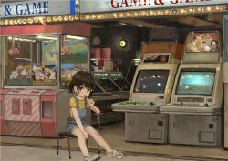 Rule 34 | 1girl, arcade, arcade cabinet, between legs, blue overalls, brown eyes, brown hair, candy, child, commentary, crane game, flower, food, hair flower, hair ornament, hand between legs, holding, holding candy, holding food, holding lollipop, indoors, lollipop, looking at viewer, miyakawa haruka (namuta), namuta, on stool, original, overall shorts, overalls, shirt, shoes, short sleeves, short twintails, sitting, sneakers, solo, stool, suspenders, t-shirt, tongue, tongue out, twintails, white flower, yellow shirt