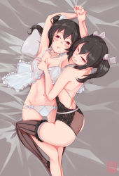 Rule 34 | 10s, 2girls, arms up, ass, babydoll, back, bare back, belt, black hair, black legwear, black vs white, blush, bow, breasts, dark persona, dual persona, evil smile, frills, from above, hair bow, highres, holding another&#039;s wrist, light persona, lingerie, long hair, looking at viewer, looking back, love live!, love live! school idol project, medium breasts, multiple girls, multiple persona, navel, nekomimipunks, nose blush, panties, parted lips, pillow, red eyes, see-through, selfcest, smile, straddling, striped clothes, striped legwear, striped thighhighs, teddy (lingerie), thighhighs, twintails, underwear, vertical-striped clothes, vertical-striped legwear, vertical-striped thighhighs, white bow, white panties, yazawa nico, yuri