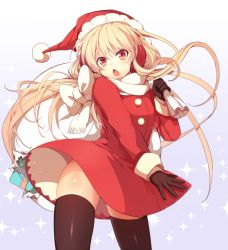Rule 34 | 1girl, black gloves, black thighhighs, blonde hair, bow, chestnut mouth, cowboy shot, fujikiti, furrowed brow, gloves, gradient background, grey background, hat, long hair, looking at viewer, open mouth, original, purple background, red eyes, sack, santa costume, santa hat, scarf, solo, sparkle, standing, thighhighs, thighs, v-shaped eyebrows, very long hair, white scarf
