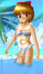Rule 34 | 1girl, beach, blonde hair, brown eyes, child, female focus, hime-chan no ribbon, japanese text, looking at viewer, nonohara himeko, ocean, ribbon, short hair, solo, swimsuit, tan, tanline, translation request