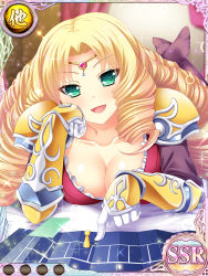 Rule 34 | 1girl, armor, black pantyhose, blonde hair, breasts, card (medium), circlet, cleavage, collarbone, downblouse, drill hair, enshou, gloves, green eyes, head rest, koihime musou, large breasts, long hair, lying, no shoes, non-web source, official art, on stomach, open mouth, pantyhose, pauldrons, pointing, saeki hokuto, shoulder armor, smile, solo, vambraces, very long hair, white gloves