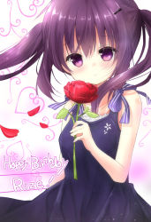 Rule 34 | 1girl, bare arms, bare shoulders, blue dress, blush, breasts, character name, closed mouth, collarbone, cowboy shot, dress, english text, flower, frilled dress, frills, gochuumon wa usagi desu ka?, hair between eyes, hair ornament, hairclip, happy birthday, heart, highres, holding, holding flower, kouda suzu, long hair, looking at viewer, medium breasts, petals, purple eyes, purple hair, ribbon, rose, sidelocks, smile, solo, striped ribbon, tedeza rize, twintails, two-tone background