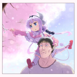 Rule 34 | 1boy, 1girl, :o, absurdres, beads, black bow, black hair, blue eyes, blunt bangs, blush, border, bow, bow hairband, capelet, cherry blossoms, child, commentary request, dragon girl, dragon horns, dragon tail, dress, facial hair, father and daughter, frilled capelet, frills, full body, fur-trimmed capelet, fur trim, hair beads, hair ornament, hairband, hand on another&#039;s ear, highres, horns, kanna kamui, kimun kamui (housamo), kobayashi-san chi no maidragon, long sleeves, low twintails, mustache, open mouth, outstretched arm, pink dress, puffy long sleeves, puffy sleeves, purple hair, red footwear, shingen318, shirt, shoes, short dress, short hair, tail, thighhighs, twintails, upper body, white border, white shirt, white thighhighs