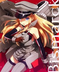 Rule 34 | 10s, 1girl, bad id, bad pixiv id, bismarck (kancolle), blonde hair, blue eyes, breasts, gloves, hat, highres, kantai collection, large breasts, long hair, military, military hat, military uniform, open mouth, personification, remirya koumakan, solo, thighhighs, uniform