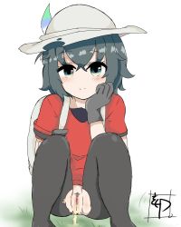 Rule 34 | 1girl, black hair, highres, kaban (kemono friends), kemono friends, kokuin, looking at viewer, outdoors, peeing, pubic hair, pussy, simple background, smile, solo, squatting, torn clothes, torn legwear, uncensored